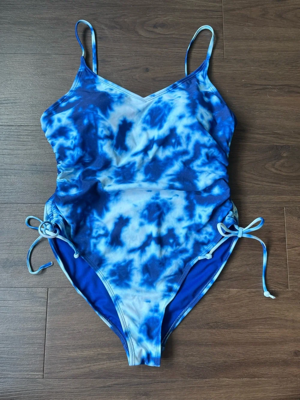 Cyn & Luca Tie Dye Blue White One Piece Swimsuit Adjustable Sides Bathing Suit L